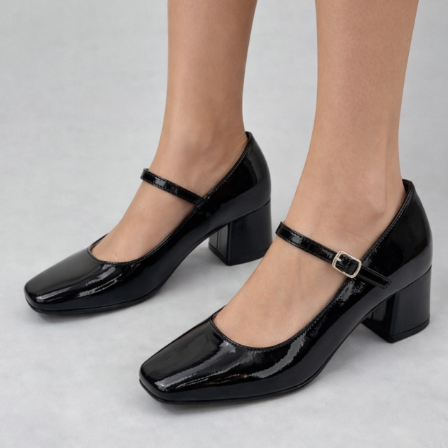 Γοβα λουστρίνι με χοντρό τακούνι & λουράκι