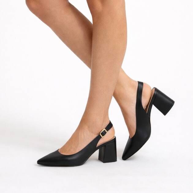Slingback Μαύρη Γόβα Με Χοντρό Τακούνι