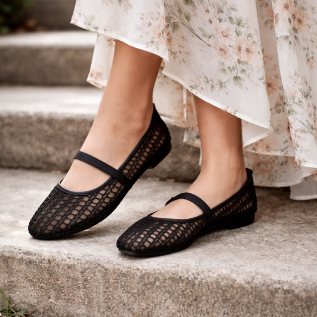 Μαυρεσ Διατρητεσ Μπαλαρινεσ με Λουρακι-Γυναικεια Καλοκαιρινα Παπουτσια