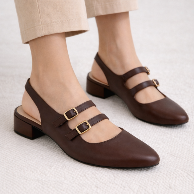 Γυναικεία Μπαλαρίνα Slingback Με Διπλό Λουράκι-Καφέ