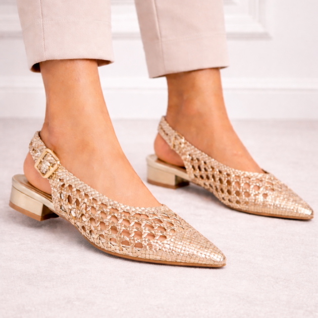Μπεζ Χρυσο Slingback με Πλεκτη Υφη