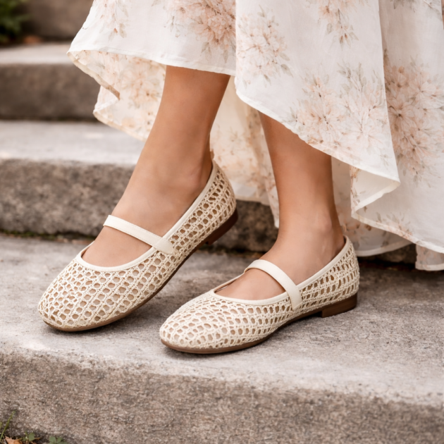 Μπεζ Διάτρητες Μπαλαρίνες με Λουράκι-Γυναικεία Καλοκαιρινά Παπούτσια
