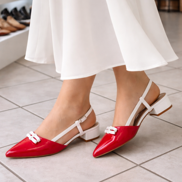 Slingback Γοβα Άσπρο-Κόκκινο Λουστρίνι