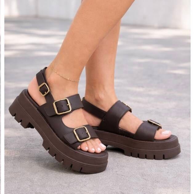 Καφε Platform Σανδάλι με Διπλά Λουράκια