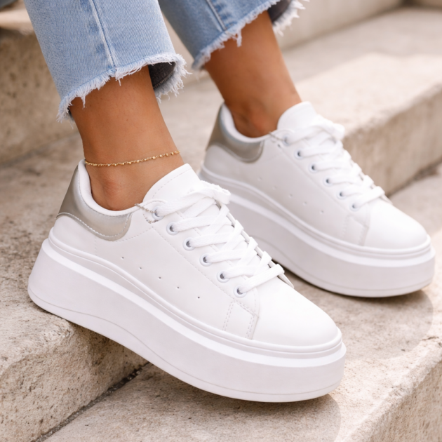 Sneakers Λευκό με Ασημί Λεπτομέρεια